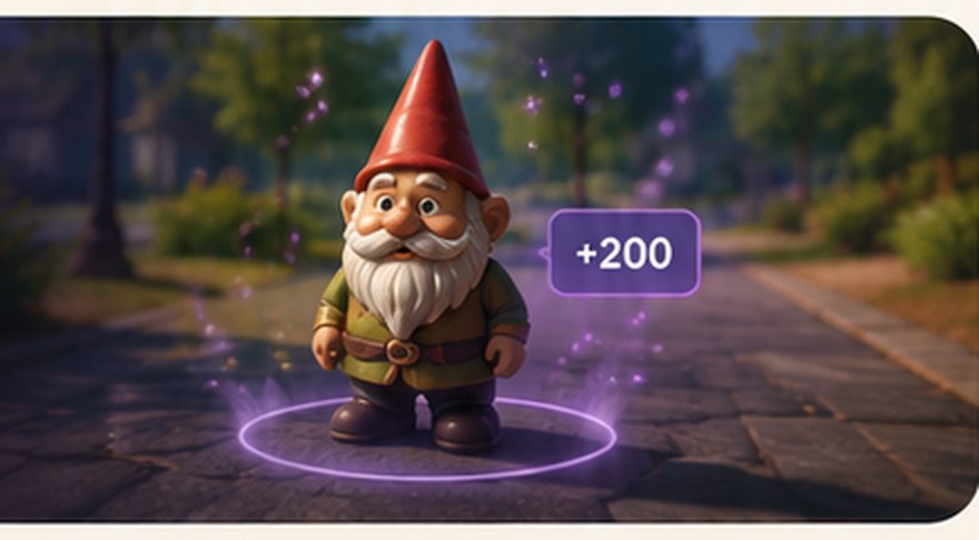 An AR garden gnome standing on a sidewalk