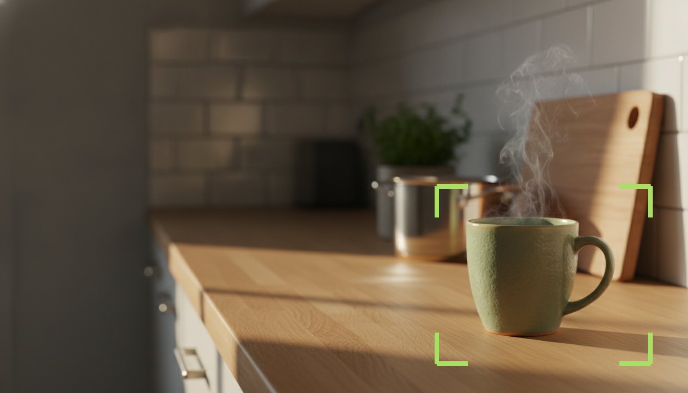 A mug on a sunlit kitchen counter, framed by the scan brackets