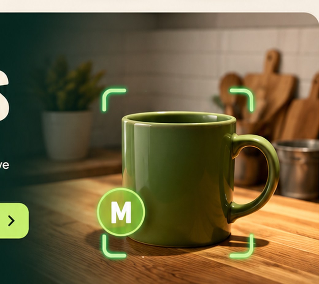 A green mug on a kitchen counter, framed by the scan brackets